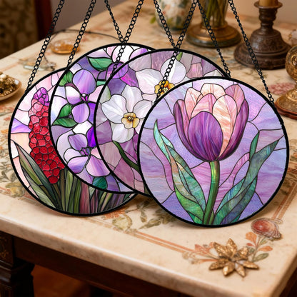 Stained Glass Window Hanging 4 Pcs Set Purple Flower Theme 9.8" - Tulip Suncatcher Door Garden Sun Catcher Decor Birthday Christmas for Plant Lovers Woman Nana Men