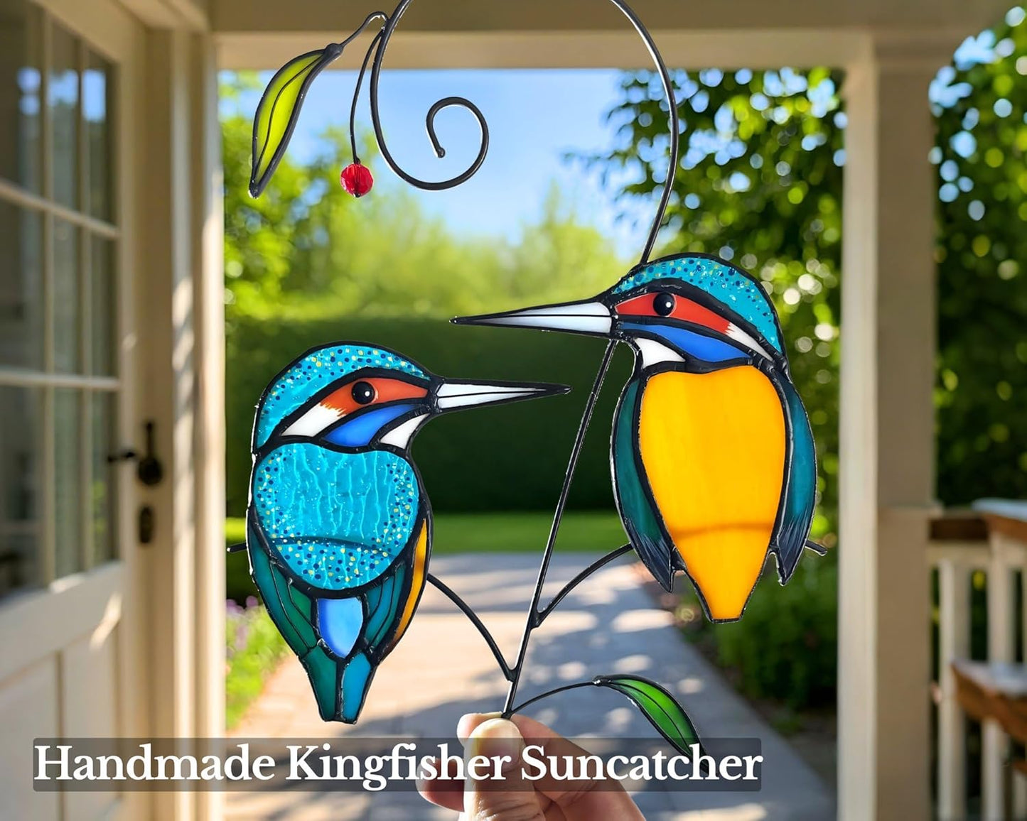 Kingfisher (1 Pair) Stained Glass Birds Suncatcher for Mom, Grandma, Women - Real Glass Window Hanging Ornament - Handmade Crafts for Bird Lover (Gifts Ready Packaging)