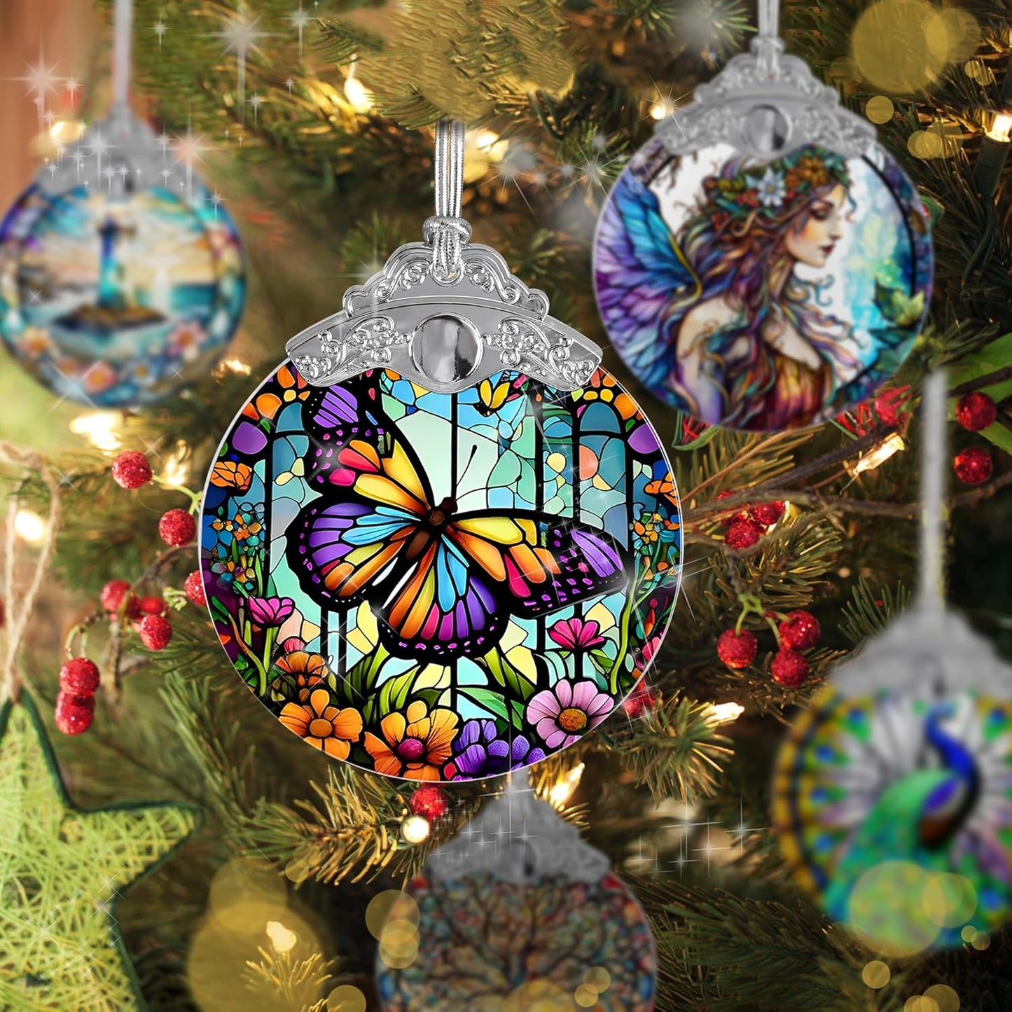 Butterfly Stained Glass Suncatcher, Christmas Tree Ornament, Holiday Decor, Gifts for Butterfly Lovers