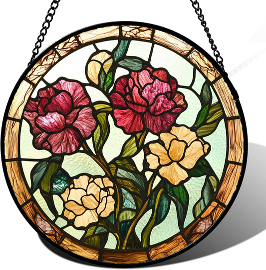 Stained Glass Window Hanging - Birth Flower Carnation Suncatcher for Doors Garden Yard Red Yellow