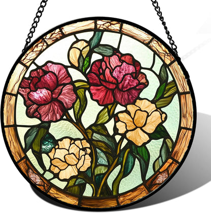 Stained Glass Window Hanging - Birth Flower Carnation Suncatcher for Doors Garden Yard Red Yellow Sun Catchers Decor Christmas Mother's Day Birthday Gifts for Teacher Women Mom Nana 15 in
