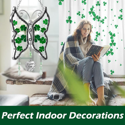 KY&BOSAM Shamrock Butterfly Suncatcher I Love You Irish Stained Glass for Windows Hangings Ornament for Wind Chiem Real Flower Wings Gift fo Women St Patrick's Day Mothers Day Valentine's Home Decor
