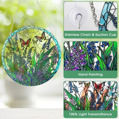 Stained Glass Window Hanging, Hand-Painted Butterfly and Flowers Suncatcher, 6 Inch Round Glass Panel Indoor Window Art, Home and Garden Decor, Mother’s Day