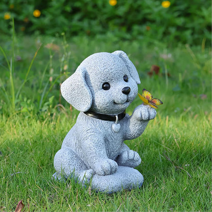 Solar Dog Outdoor Statues Garden Decor with Butterfly LED Lights Dog Statues for Patio Balcony Yard Lawn Ornament, Birthday Gardening Gifts for Mom Grandma Women