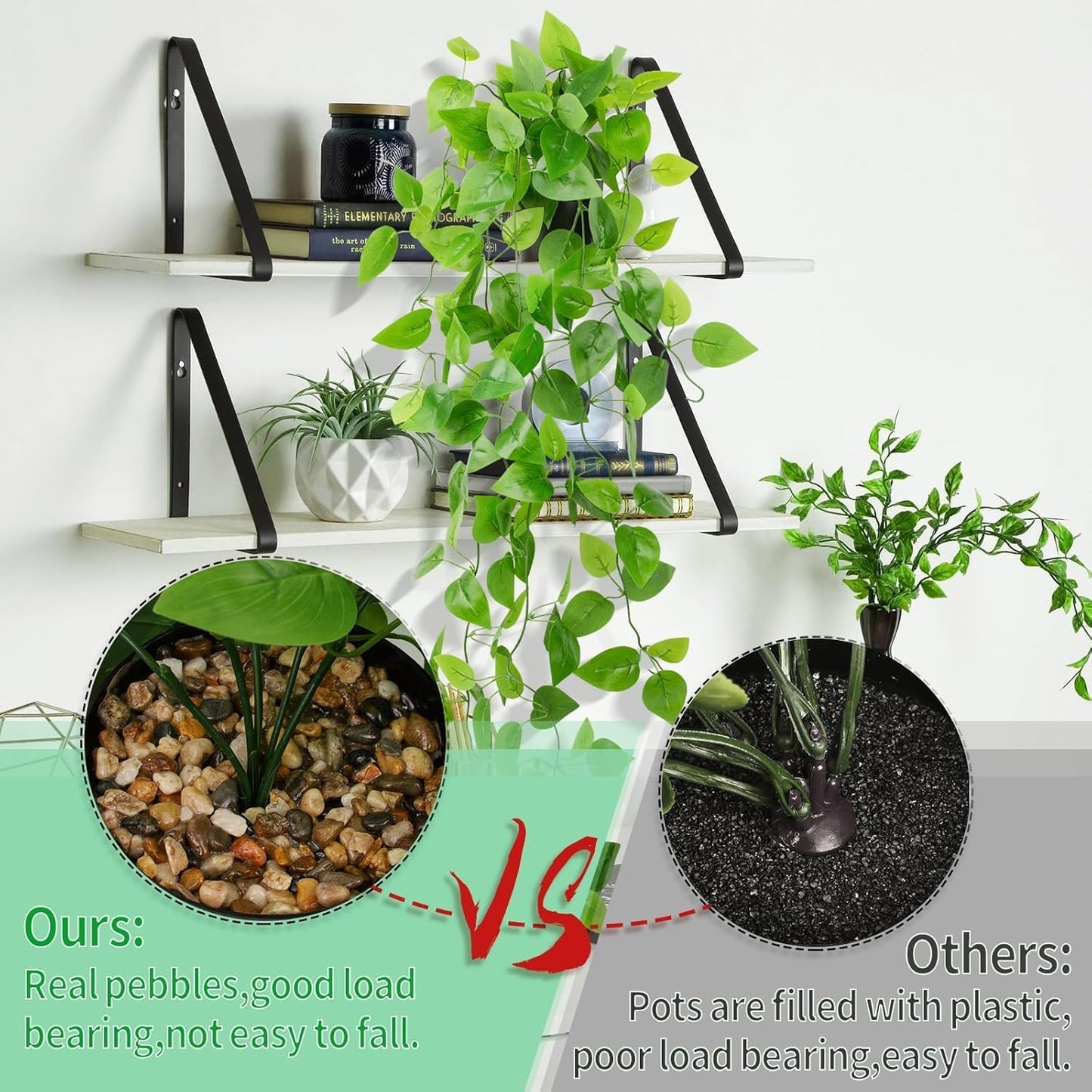 Artificial Hanging Plants Small Fake Pothos 39-in Long Potted Vine Plant Faux Trailing Ivy Vine for Shelf Home Office Indoor Outdoor Garden Greenery Decor (Black Pot)