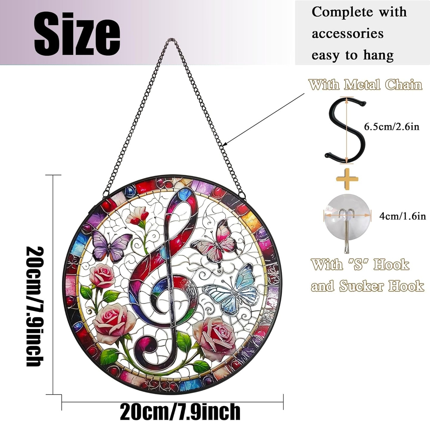Treble Clef Stained Glass Window Hanging, 7.9'' Musical Note Suncatcher Window Decoration Music Lover Gifts