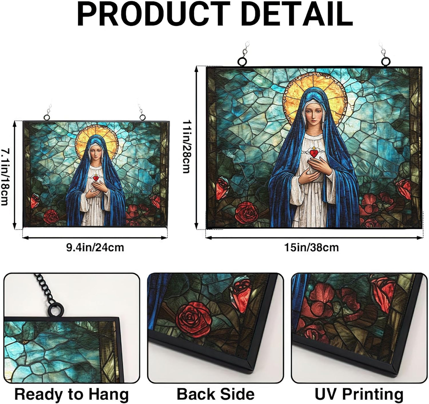 Rectangle Virgin Mary Stained Glass Window Hangings, Cat Butterfly Sunflower Handcrafted Stained Glass Suncatchers, Gift for Cat Lovers Nature Lovers 15"x11"