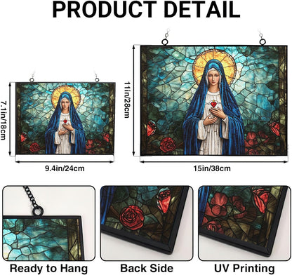 Rectangle Virgin Mary Stained Glass Window Hangings, Cat Butterfly Sunflower Handcrafted Stained Glass Suncatchers, Gift for Cat Lovers Nature Lovers 15"x11"