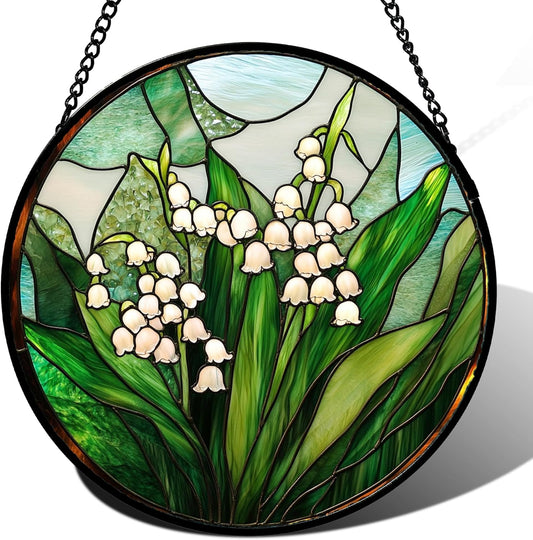 Stained Glass Window Hanging - White Green Lily of The Valley Suncatcher for Doors Garden Terrace