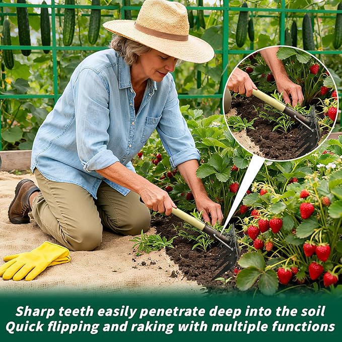 7-Pronged Heavy-Duty Garden Tiller Featuring a Wooden Handle,Iron Weed Puller Tool,New Spray-Painted Iron Manual Weed rake,Gardinia uprooting Tool,Suitable for Lawn and Garden