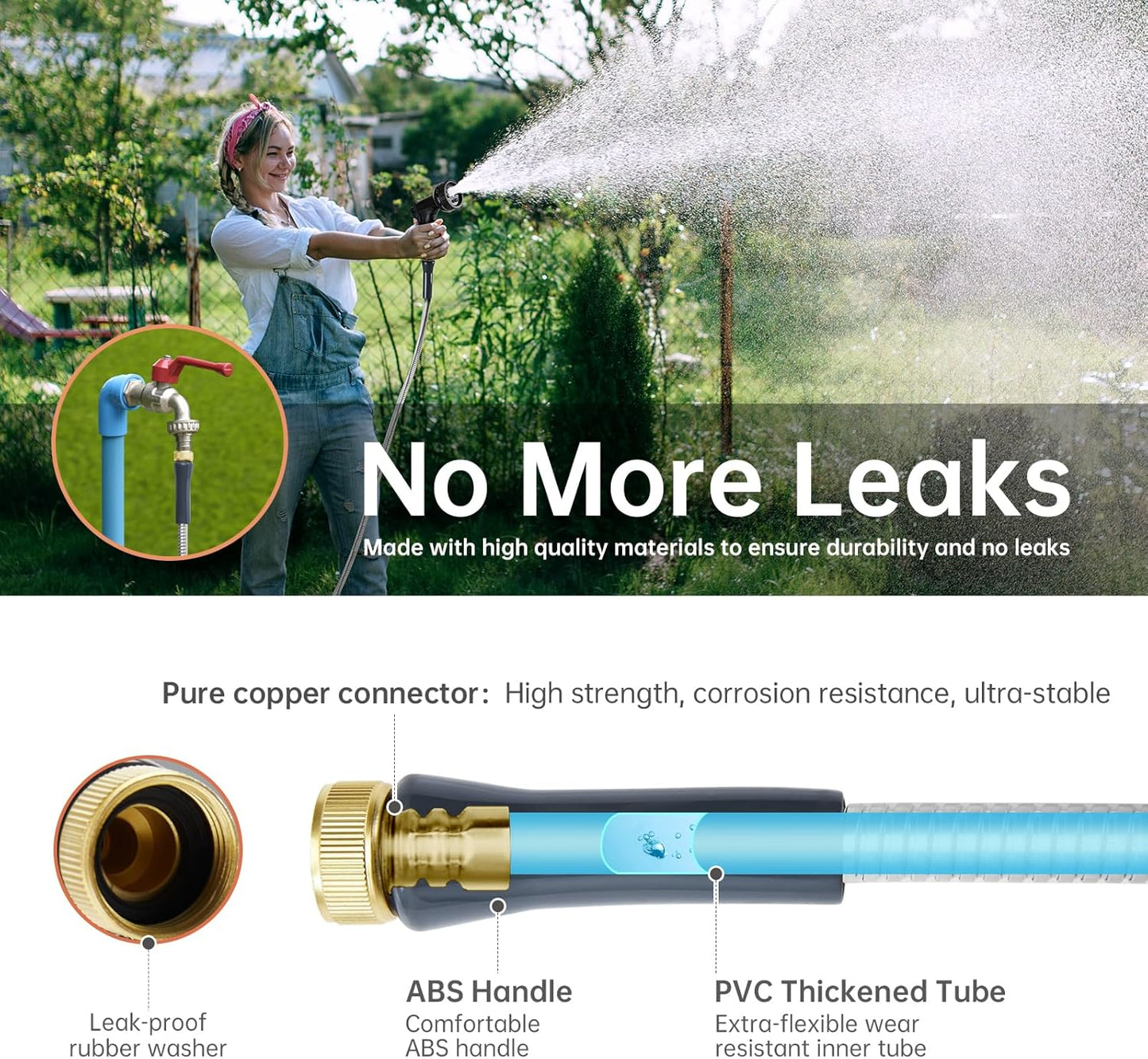 Stainless Steel Garden Hose 50 ft Heavy Duty Metal Water Hoses with 10 Function Water Hose Nozzles for Yard Outdoor