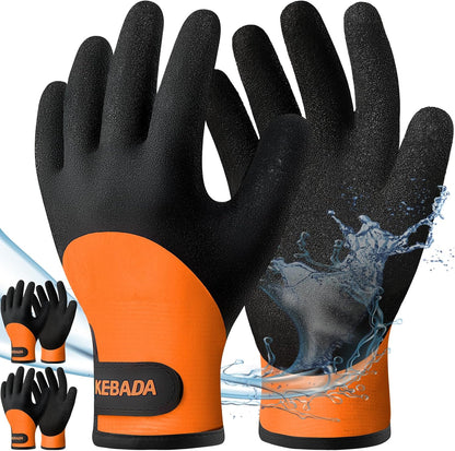 Kebada T2 Waterproof Work Gloves for Men and Women, Thermal Warm Winter Working Gloves, Insulated Freezer Gloves for Cold Weather, 100% Latex Coating, Wrist Closure, 2 Pairs, Orange, Large