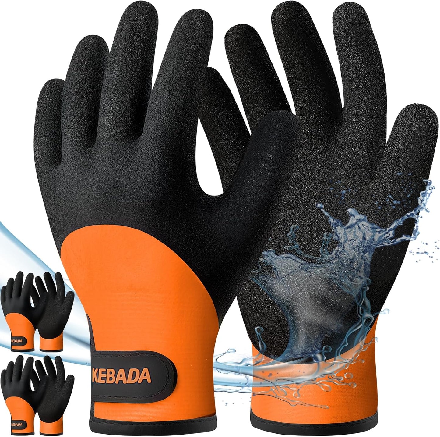 Kebada T2 Waterproof Work Gloves for Men and Women, Thermal Warm Winter Working Gloves, Insulated Freezer Gloves for Cold Weather, 100% Latex Coating, Wrist Closure, 2 Pairs, Orange, Medium
