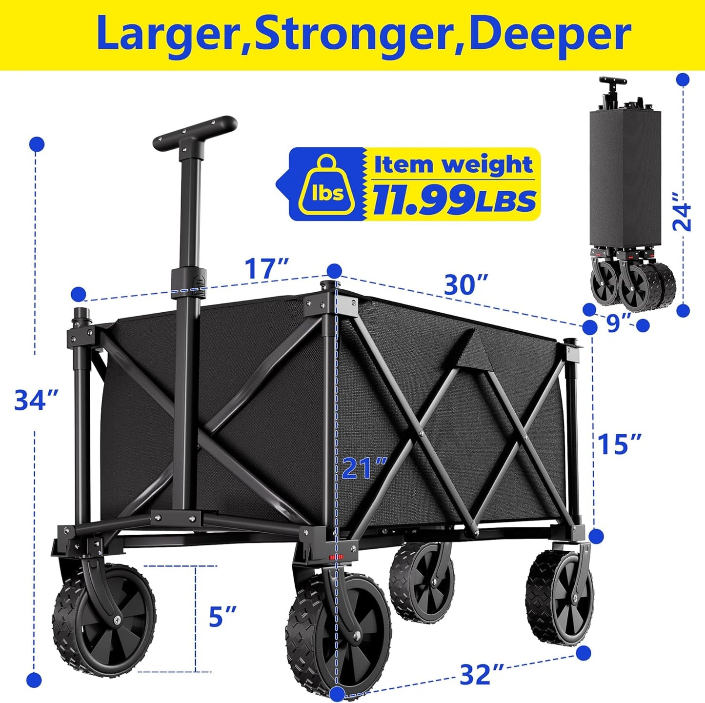 BEAU JARDIN Collapsible Folding Wagon Cart with Big Wheels Foldable Cart with 400LBS Capacity Utility Lightweight Wagon Heavy Duty Grocery Cart for Camping Garden Outdoor Fishing Sports Shopping Black