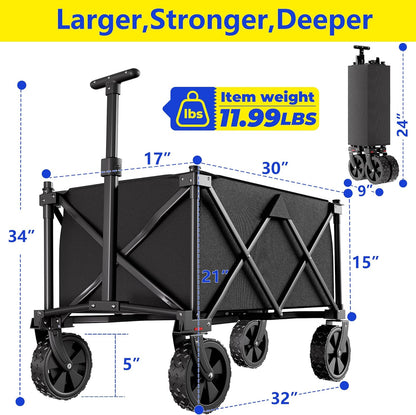 BEAU JARDIN Collapsible Folding Wagon Cart with Big Wheels Foldable Cart with 400LBS Capacity Utility Lightweight Wagon Heavy Duty Grocery Cart for Camping Garden Outdoor Fishing Sports Shopping Black