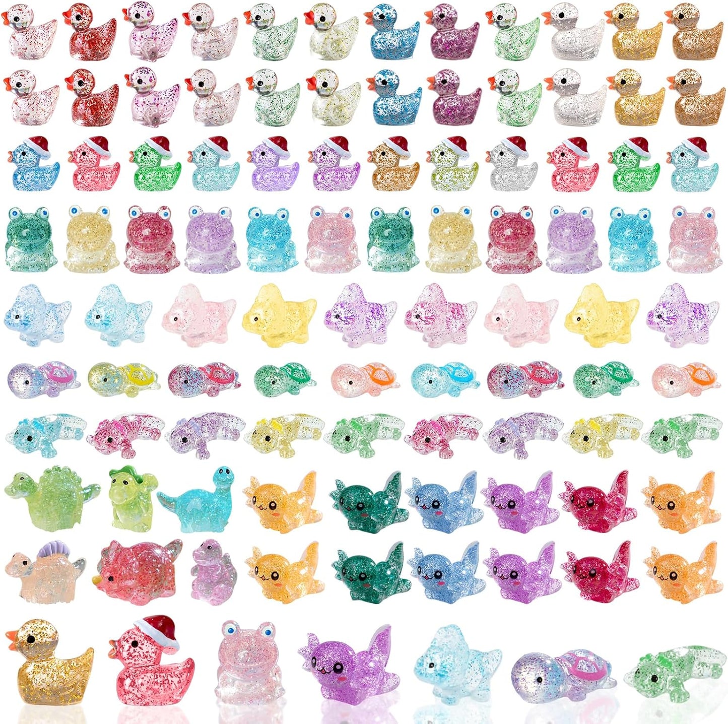 Mini Glitter Ducks 200 Pcs Tiny Duck Figures Luminous Resin Dinosaur Turtle Frog Axolotls to Hide Plastic Animal for DIY Garden Miniatures Fairy Garden Accessories (8 Styles)