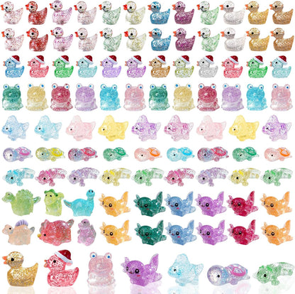 Mini Glitter Ducks 200 Pcs Tiny Duck Figures Luminous Resin Dinosaur Turtle Frog Axolotls to Hide Plastic Animal for DIY Garden Miniatures Fairy Garden Accessories (8 Styles)