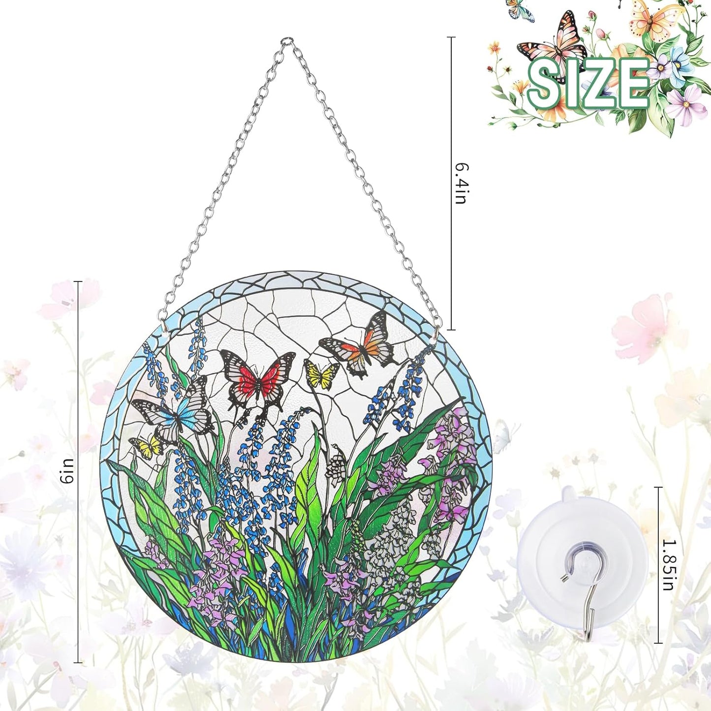 Stained Glass Window Hanging, Hand-Painted Butterfly and Flowers Suncatcher, 6 Inch Round Glass Panel Indoor Window Art, Home and Garden Decor, Mother’s Day