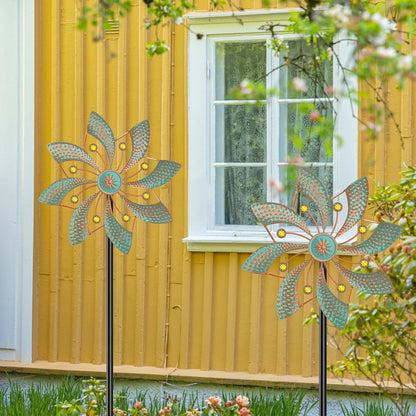 Wind Sculpture for Outside Standing Vintage Wind Spinner Yard Art Decorations Metal Windmill for Outdoor Patio Lawn Garden Decor (2pcs-Green)