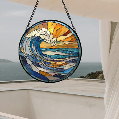 Stained Glass Window Hanging, Orange Clouds Blue White Sea Waves Landscape Suncatcher for Doors Window Home Sun Catchers Decor Mother's Day Birthday Gifts for Women Men Mom 11.8 in