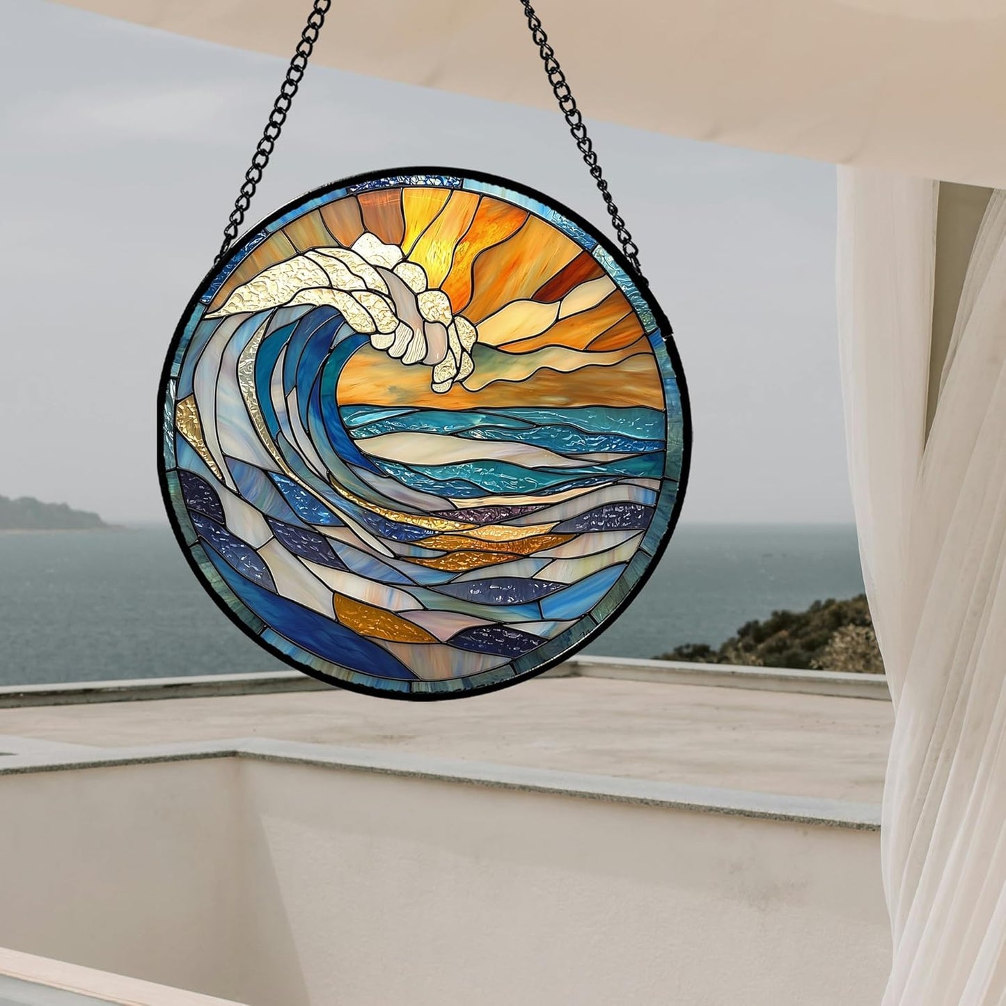 Stained Glass Window Hanging, Orange Clouds Blue White Sea Waves Landscape Suncatcher for Doors Window Home Sun Catchers Decor Mother's Day Birthday Gifts for Women Men Mom 9.8 in