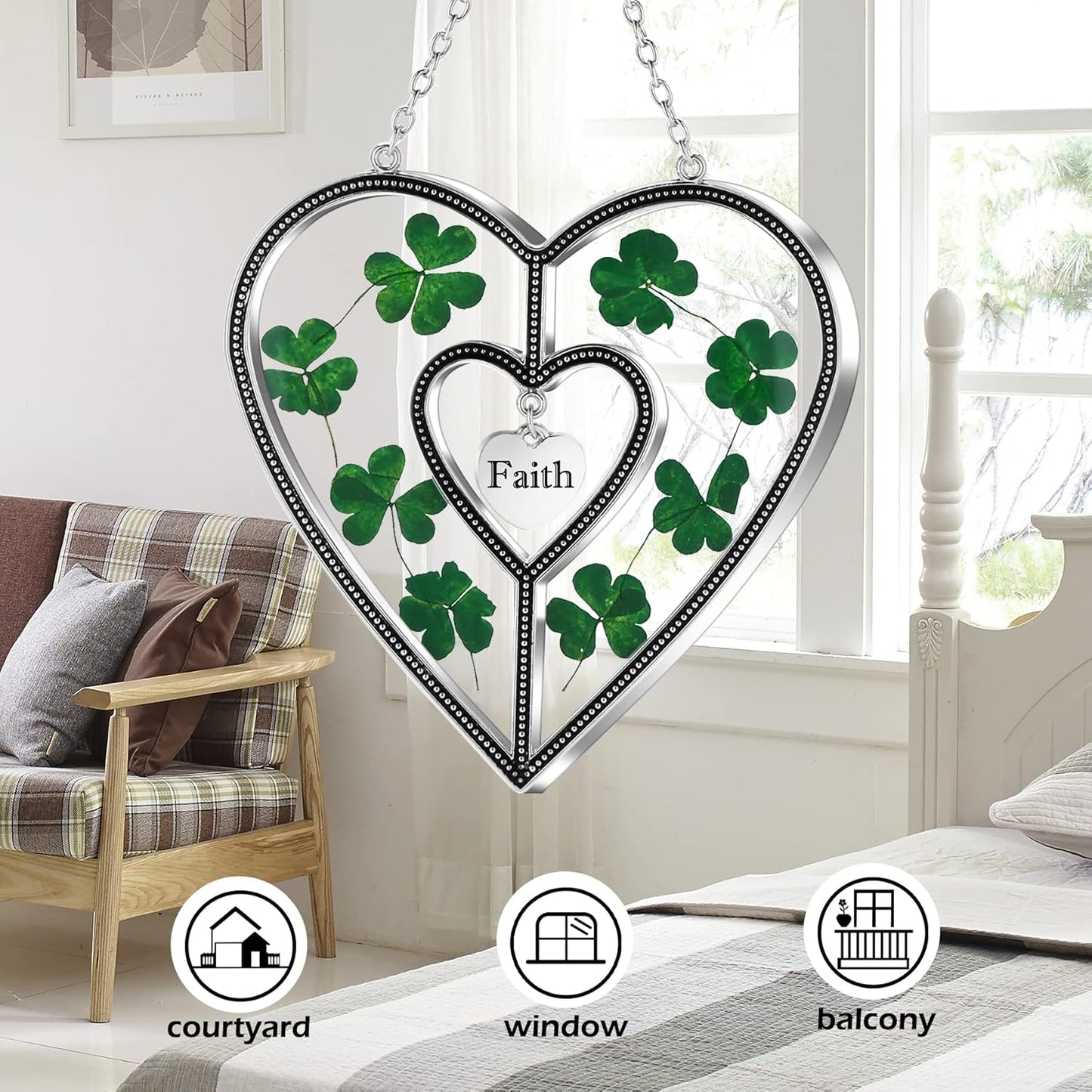 KY&BOSAM Shamrock Heart Suncatcher Grandma Gift Stained Glass Suncatcher for Window Hanging Wind Chime with Pressed Flower Heart Faith Birthday Gift for Women St Patrick's Day Decor Irish