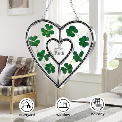 KY&BOSAM Shamrock Heart Suncatcher Grandma Gift Stained Glass Suncatcher for Window Hanging Wind Chime with Pressed Flower Heart Faith Birthday Gift for Women St Patrick's Day Decor Irish