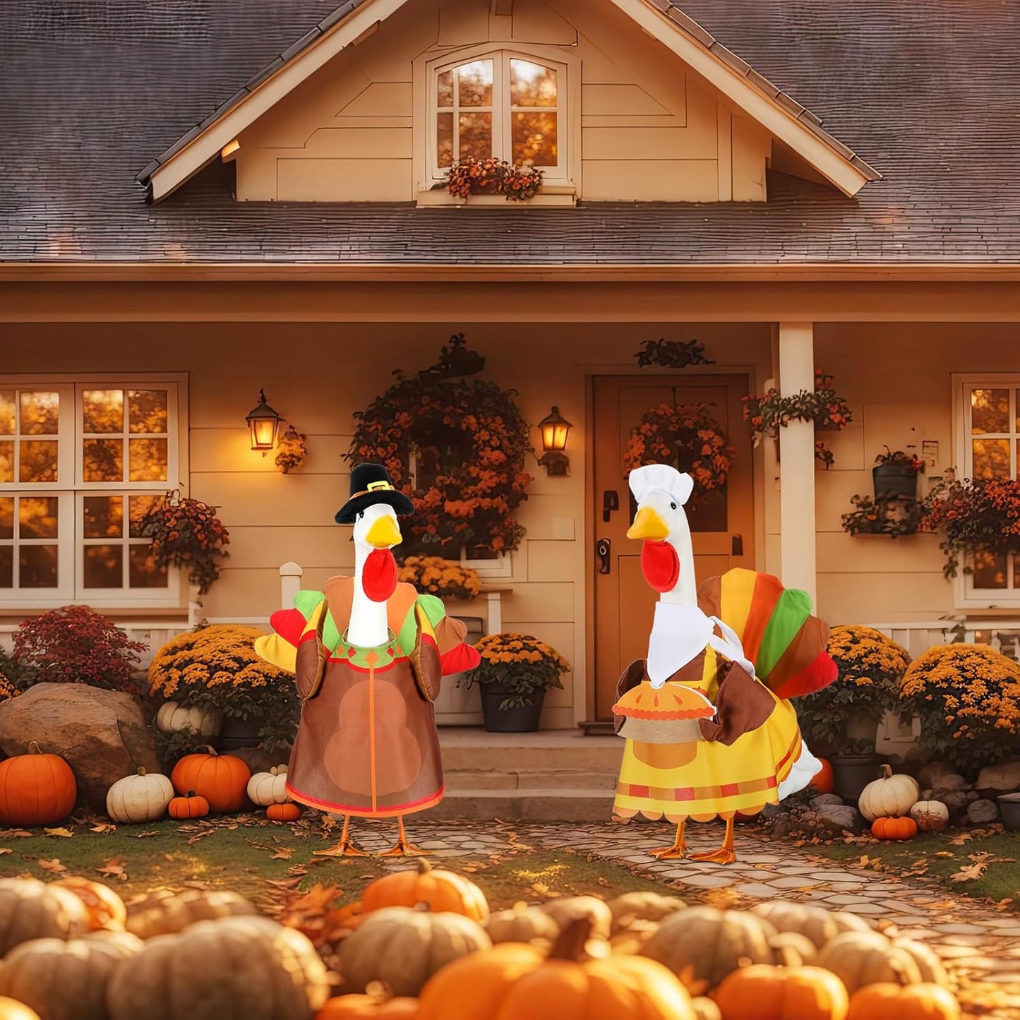 Abbylike 2 Set Thanksgiving Porch Goose Outfits Turkey Goose Clothes Costume Fit Large 23'' Cement for Garden Yard Decoration