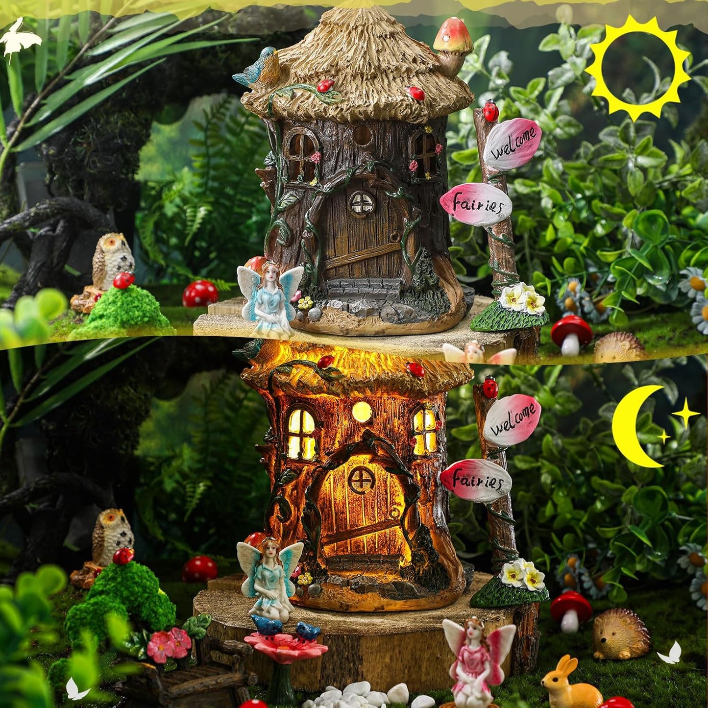 Leyndo 28 Pcs Solar House Garden Accessories Fairy Light up Fairy Figures Garden Kit Resin Miniature Mushroom House Figures Micro Landscape Ornaments(Retro)
