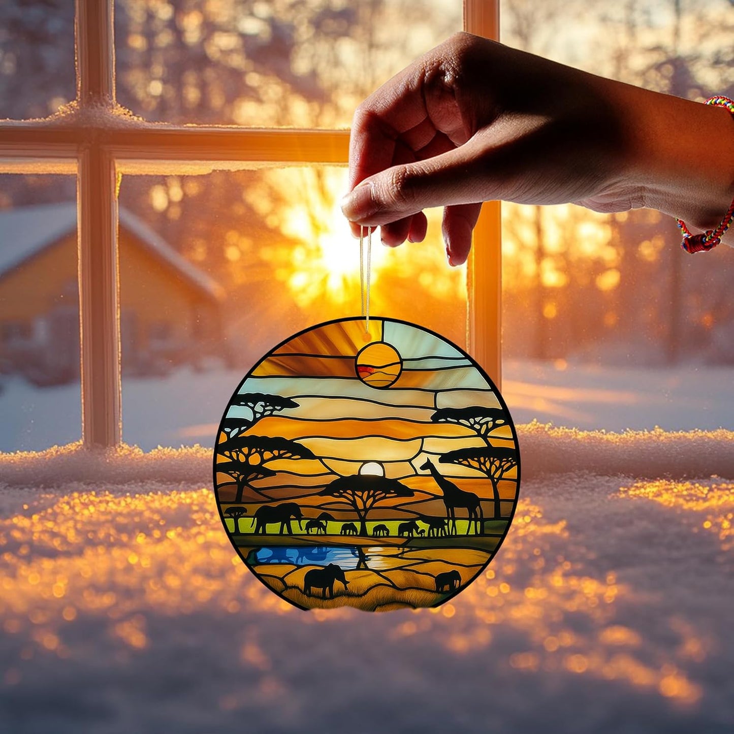 Acrylic Stained Glass Suncatcher Ornament – African Safari Sunset with Giraffes Elephants Trees – 4 Inch Acrylic Window Hanging Boho Home Décor Gift for Animal Lovers, Christmas Tree, (Sun-31)
