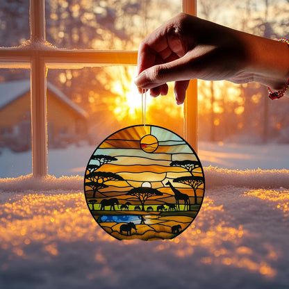 Acrylic Stained Glass Suncatcher Ornament – African Safari Sunset with Giraffes Elephants Trees – 4 Inch Acrylic Window Hanging Boho Home Décor Gift for Animal Lovers, Christmas Tree, (Sun-31)