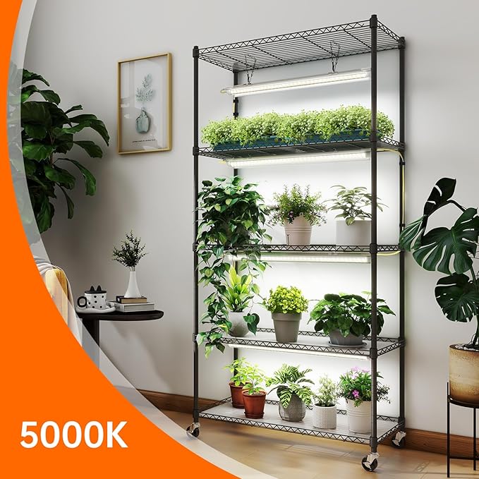 Bstrip Plant Shelf with Grow Lights, 5-Tier Plant Stand with T8 24W Grow Light for Indoor Plants with Wheel, 5000K Full Spectrum LED Plant Light with Timer for Seedling, Seed Starting, 29.5x13.8x59IN