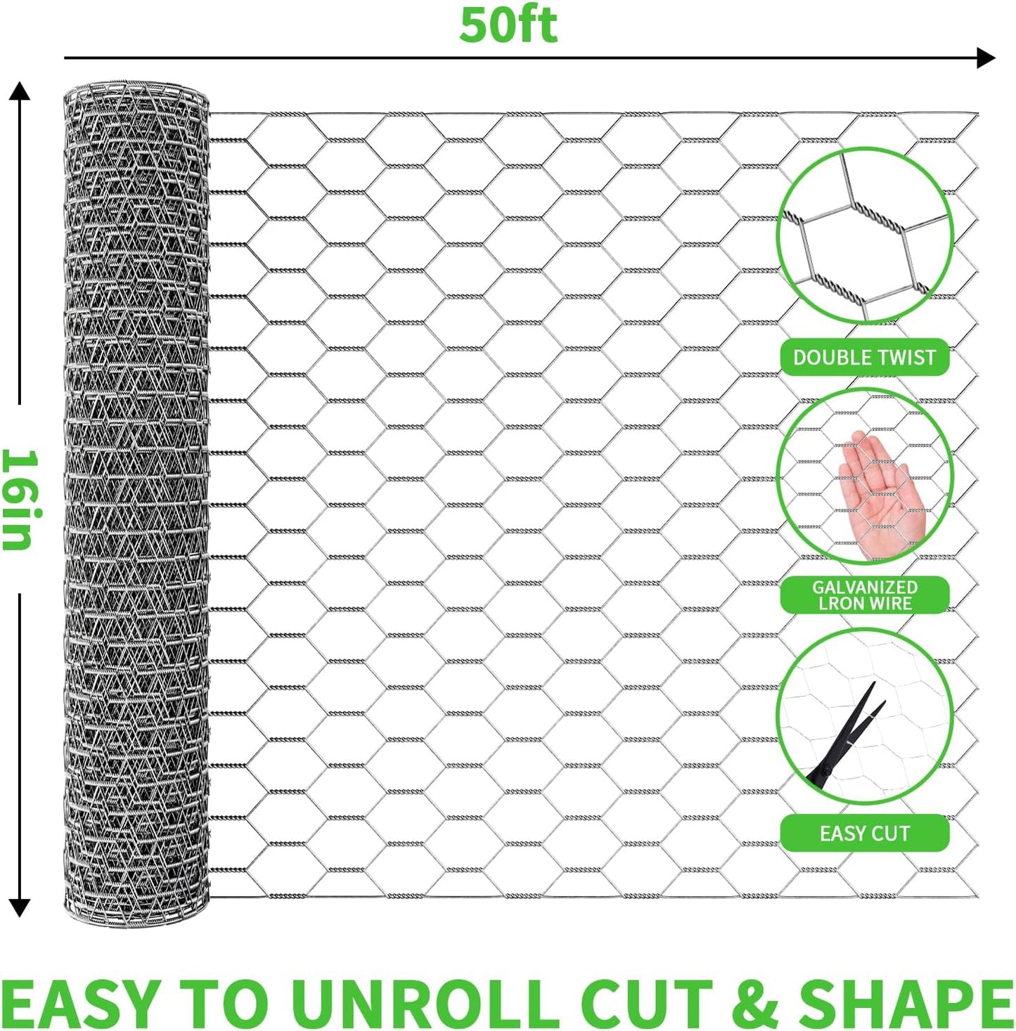 16in x 50ft Craft Chicken Wire Mesh, Hexagonal Galvanized Wire Mesh for Poultry, Floral Wire Netting for Protecting Garden Plants, Vegetables, Flowers and Fruits from Dogs, Rabbits and Squirrels