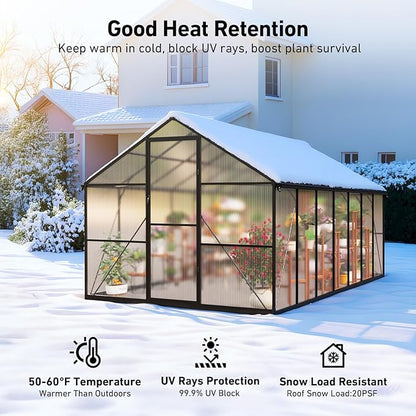 8x14FT Greenhouses for Outdoors, Polycarbonate Green House with UV Protection, Heavy Duty Greenhouse with Windproof Aluminum Frame, Roof Vent & Quick-Install Design for Backyard or Garden Use