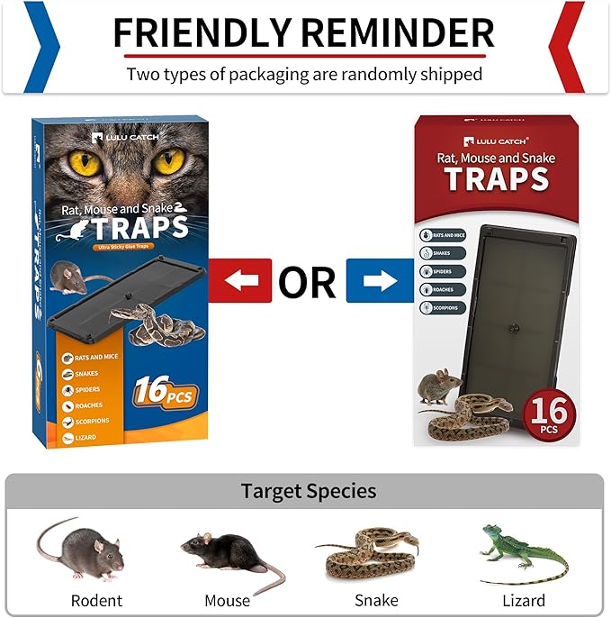 LULUCATCH Super Heavier Mouse Traps 16 Pack for Mice & Snakes with Non-Toxic Glue. Larger Sticky Traps Indoor, Easy to Set, Pet Safe Pest Control
