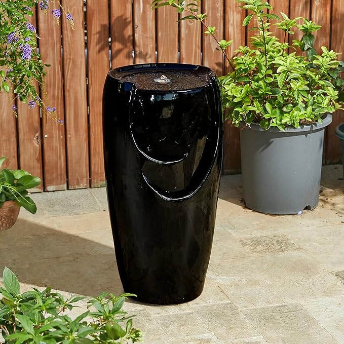 Glitzhome 29.25" H Oversized Ceramic Vase Outdoor Water Fountain Tall Patio Garden Water Fountain with LED Light and Submersible Pump Yard Art Decor, Black, 29.25”H
