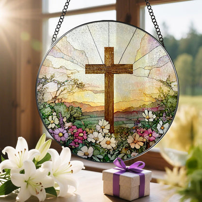 8 Inch Stained Glass Cross & Wildflowers Suncatcher Christian Hanging Ornament Gift for Religious Occasions