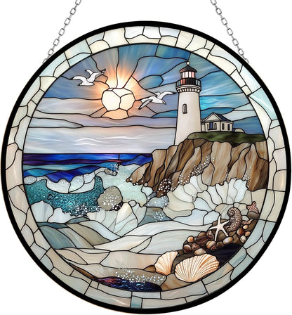 Coastal Lighthouse Stained Glass Window Hanging,Hummingbird Sun Catchers Indoor Window Decor, Stained Glass Suncatcher Gifts for Women, Coastal Lighthouse Lover, Christmas Decorations