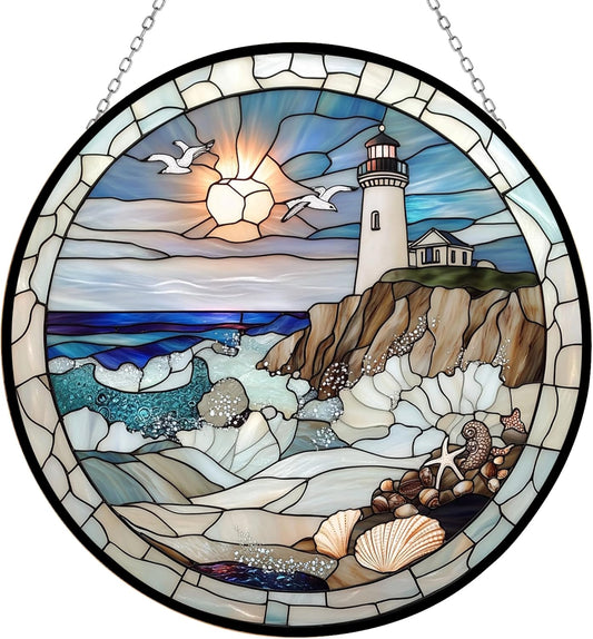 Coastal Lighthouse Stained Glass Window Hanging,Hummingbird Sun Catchers Indoor Window Decor