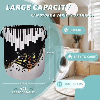 Piano Keyboard Laundry Basket Foldable With Handles Music Notes Tote Bag Oxford Cloth Colorful Laundry Hamper Clothes Storage Bucket Toy Organizer For Bathroom/Laundry/Bedroom 18.9"x16.5 "