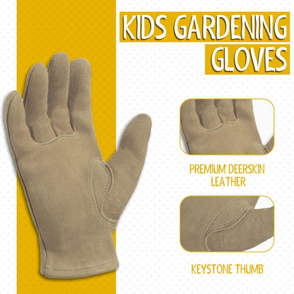 HANDLANDY Kids Genuine Leather Work Gloves for ages 3-11, Children Gardening Gloves for Boys, Girls (Large (age8-11), Khaki)