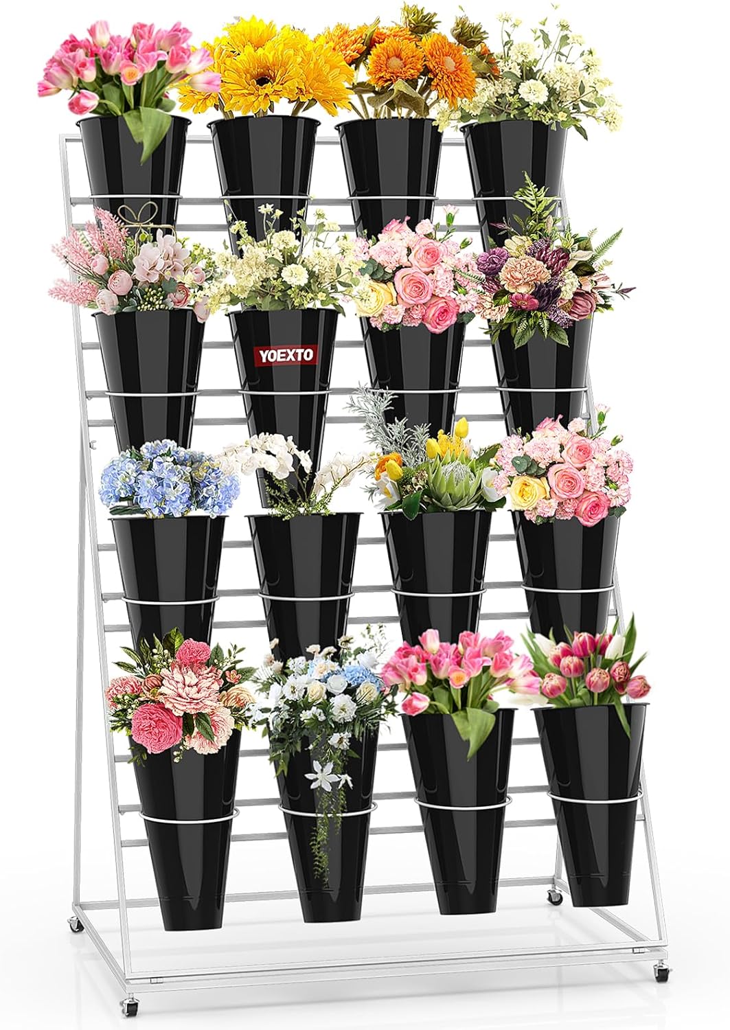Flower Display Stand with Buckets, 4 Layers 16 PCS Buckets Plant Stand with Wheels, Movable Metal Plant Stand for Terrace Garden, Living Room, Florist Shop (White Frame - Black Buckets, 4-Tier)