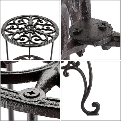 OwnMy Heavy Duty 2 Tiers Cast Iron Plant Stand, Vintage Iron Flower Pot Holder, 2 Layers Tall Decorative Potted Plants Stand Rack, Indoor Outdoor Large Plant Holder for Garden Patio, Retro-Brown