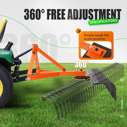 KUAFU 60 in Landscape Rake, 3 Point Rake Compatible with Category-1 Tractor, 360 Degree Rotation Tow-Behind Garden Tool for Compact Tractors for Farm, Garden, Clearing Brush, Raking Arenas 2 Package