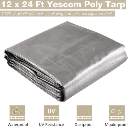 Yescom 12x24 Ft 10 Mil Poly Tarp Protective Cover Tarpaulin Heavy Duty Reversible Silver Black Tarps