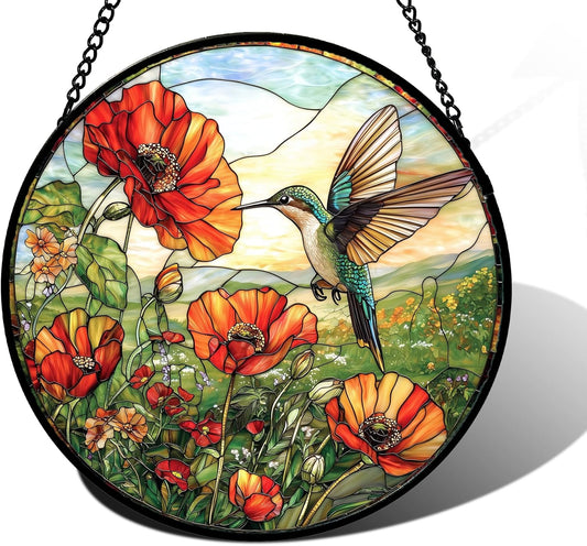 Stained Glass Window Hanging, Hummingbirds Orange Flowers Suncatcher Diamond Glass Panel Hangings
