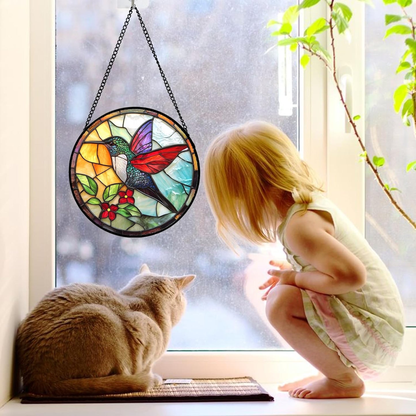 Stained Glass Window Hanging, Hummingbird Gifts Sun Catchers Diamond Glass Panel Hangings Birds Suncatcher Decor for Birthday for Women, Men, Wife, Aunt,and Mom 7.8X7.8IN