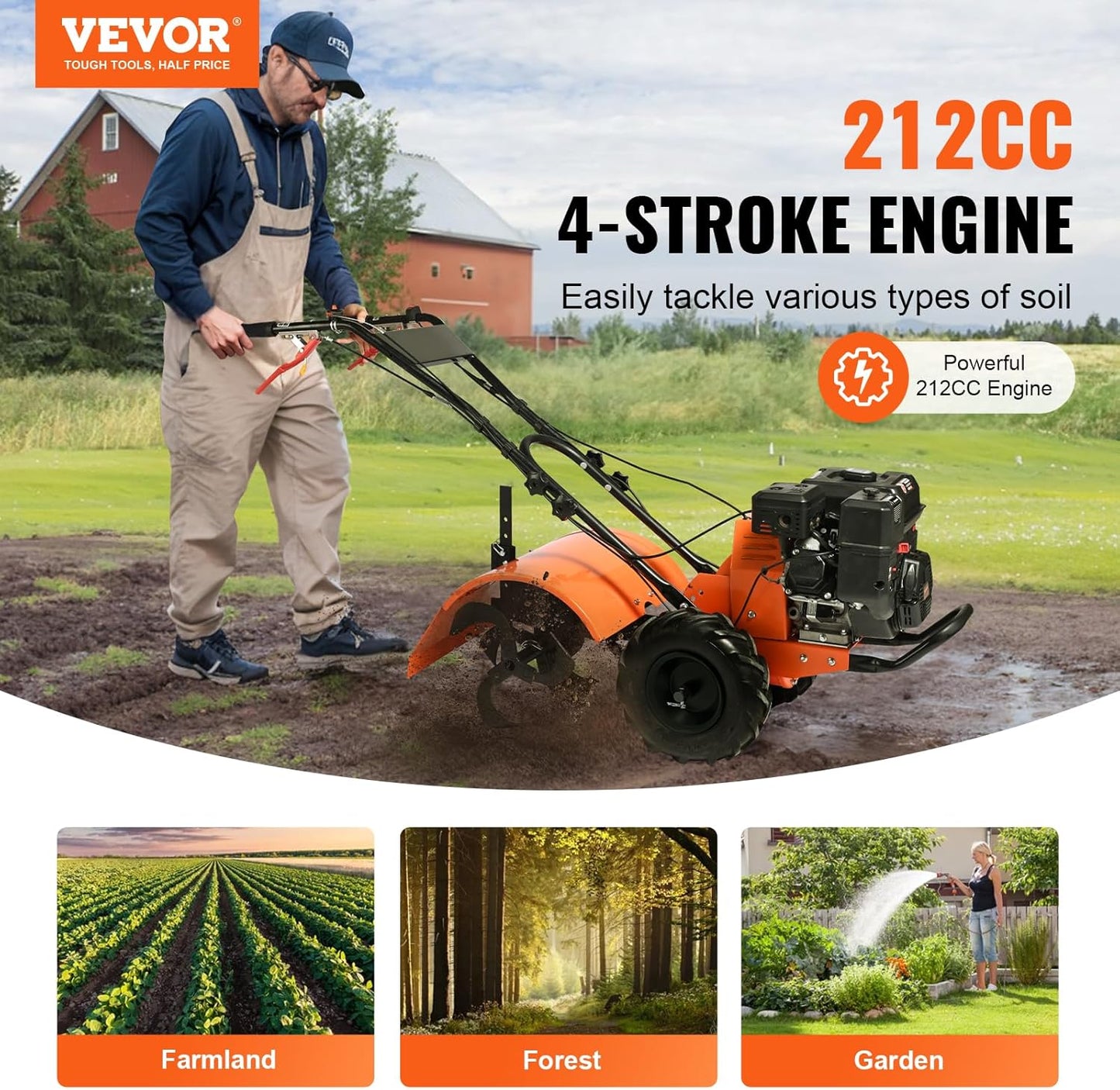 VEVOR Tiller Cultivator, 212CC 4-Stroke Garden Cultivator, Tiller with 4 Steel Adjustable Rear Tines for Lawn, Garden and Field Soil Cultivation