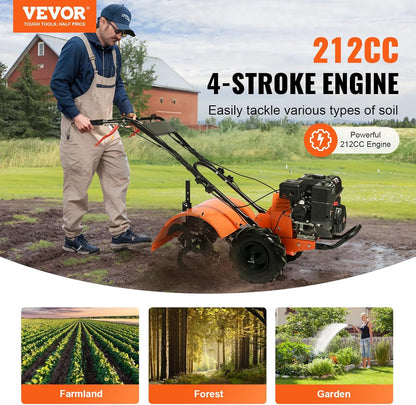 VEVOR Tiller Cultivator, 212CC 4-Stroke Garden Cultivator, Tiller with 4 Steel Adjustable Rear Tines for Lawn, Garden and Field Soil Cultivation