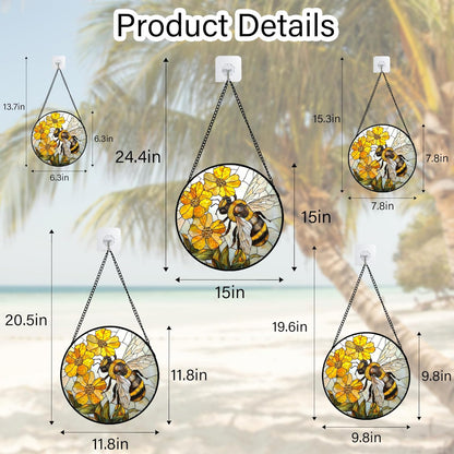 Stained Glass Window Hanging - Yellow Bees Gathering Flowers Sun Catcher for Door Garden Home Decor Cute Suncatcher Christmas Mother's Day Birthday Gifts for Women Men Mom Nana 7.8 in
